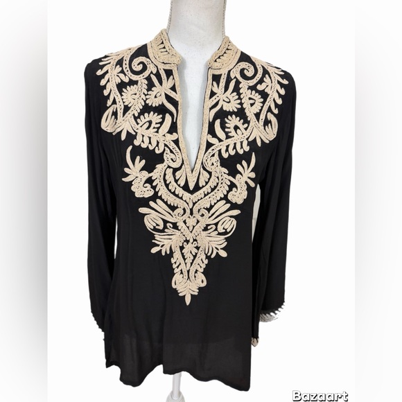 Boston proper women's embroidered neck tunic top size Small long sleeve black - Picture 2 of 8